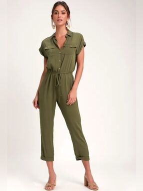Lulu's Olive Green Utility Jumpsuit w/Front Pockets, Button-Up Front, Drawstring